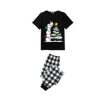 Couple Black and White Plaid Christmas Short Sleeve Pajamas Set with Snowman & Christmas Tree Print