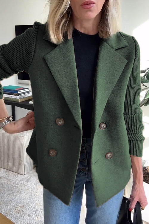 Women's Lapel Button Knitted Patchwork Sleeve Casual Coat