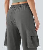 High Waisted Adjustable Drawstring Hem Linen-Feel Casual Cargo Pants with Pockets