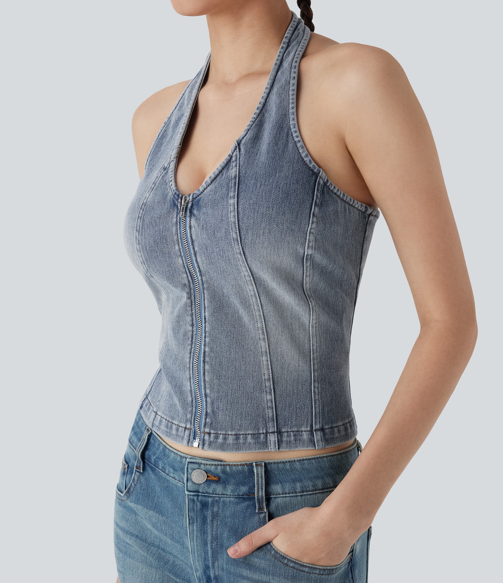 FlexTM Halter Zipper Washed Denim Casual Tank Top
