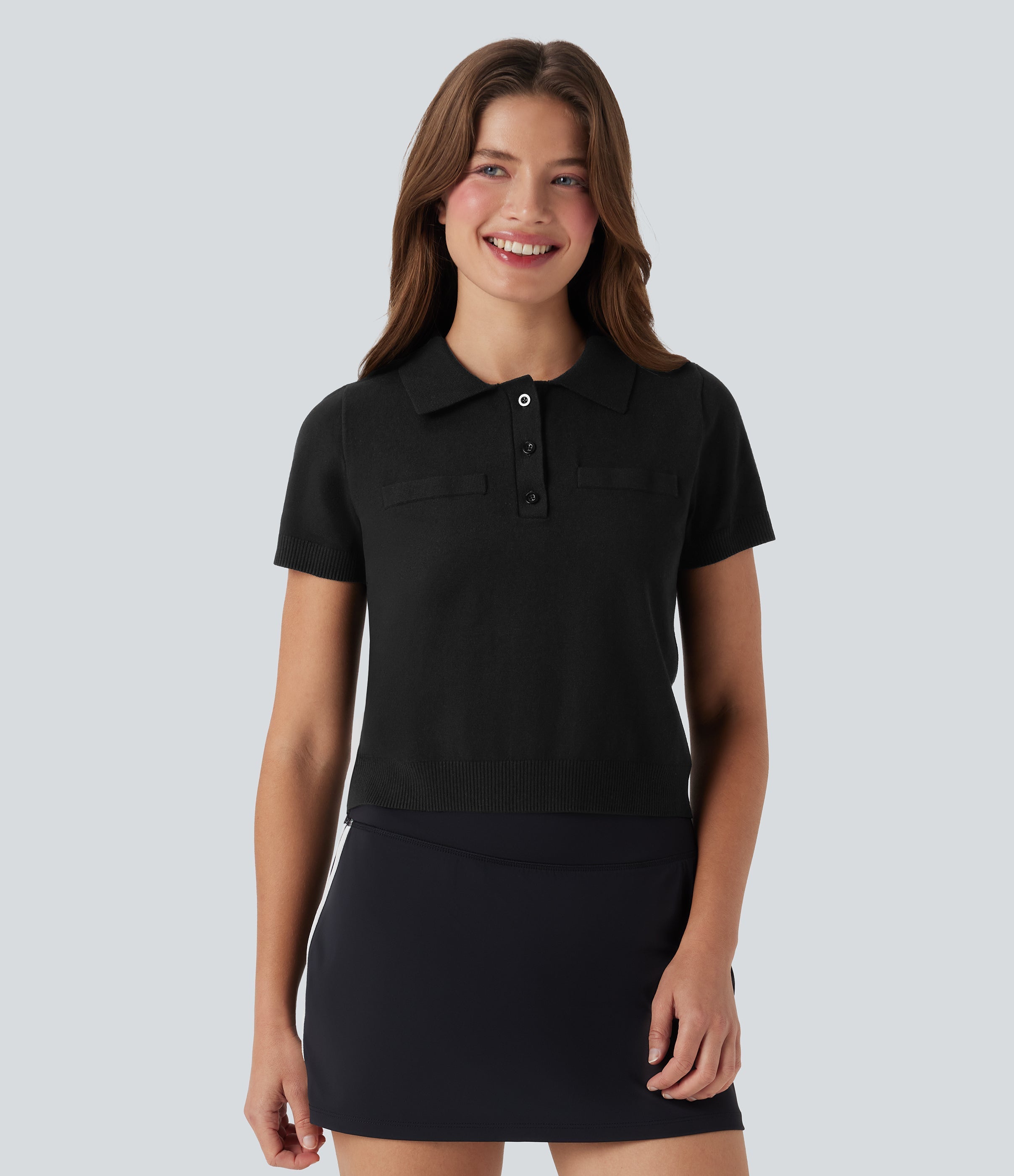 Polo Button Front Short Sleeve Casual Sweater Knit Top