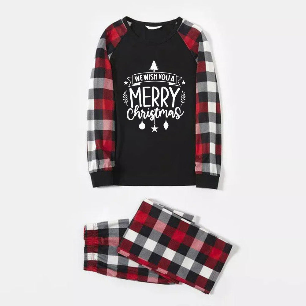 Christmas Family Matching Pajamas-Red and Gray Plaid Pjs set with "We Wish You A Merry Christmas" Print