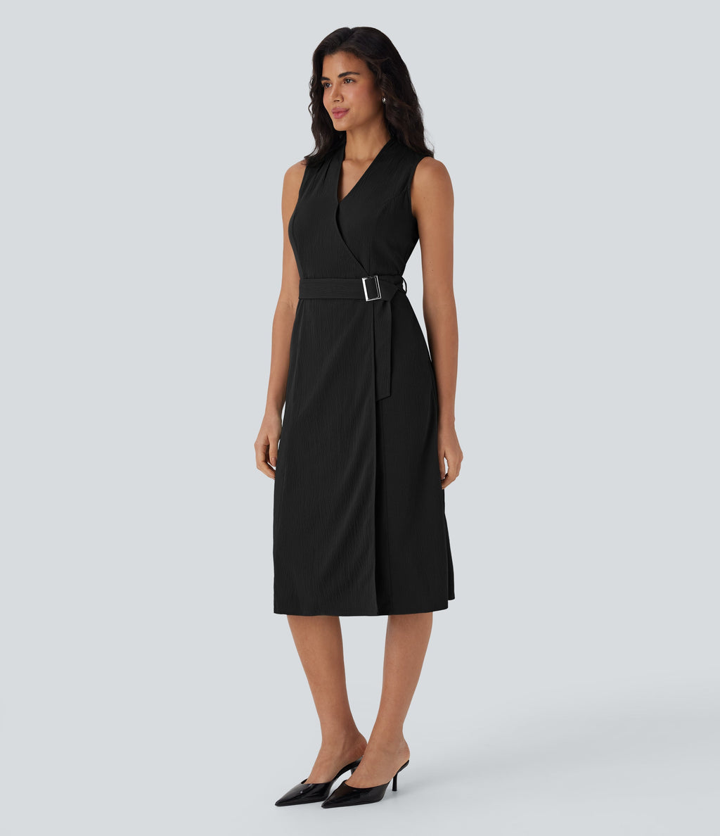 Anti-wrinkle V Neck Sleeveless Wrapped Belted Midi Travel Dress with Pockets