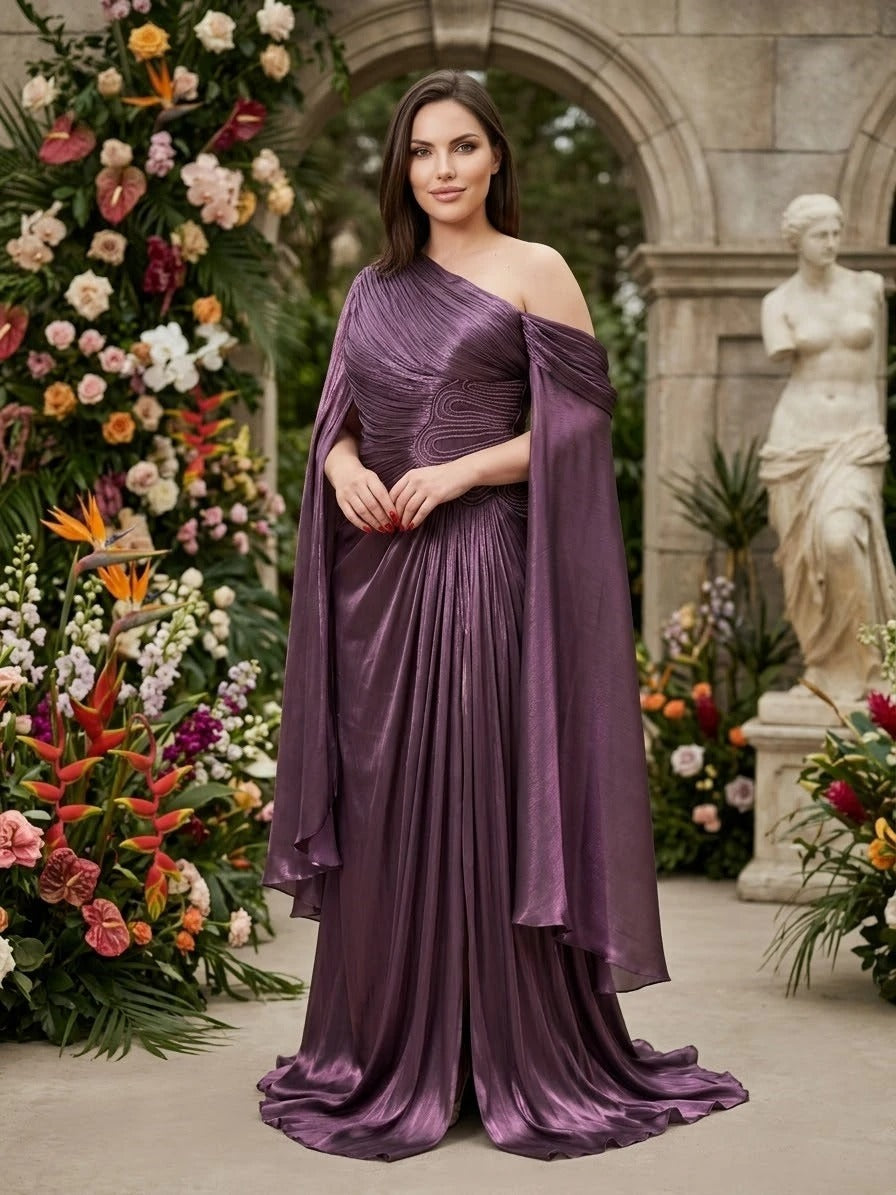 Metallic One-Shoulder Cape Maxi Dress