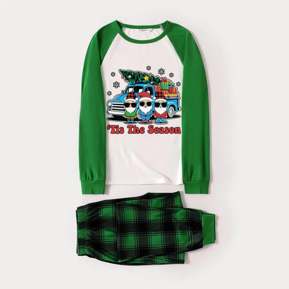 Green Raglan Top Green Plaid Christmas Pajamas Set With Colorful Gnomes and "Tis The Season" Print
