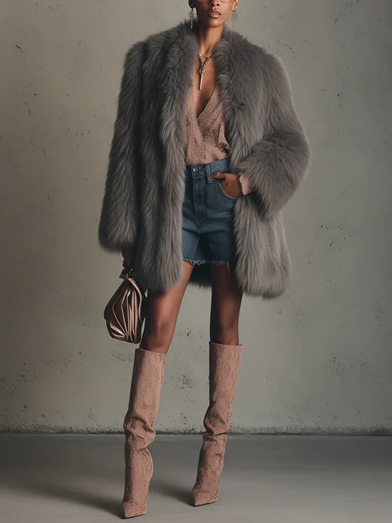 Gray Faux Fox Fur Eco Friendly Long Sleeve Jacket