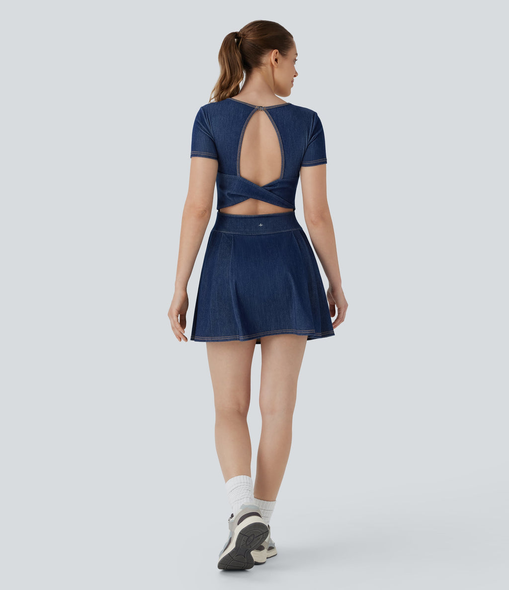 FlexTM Pleated Hem 2-in-1 Cool Touch Washed Denim Tennis Active Dress with Pockets