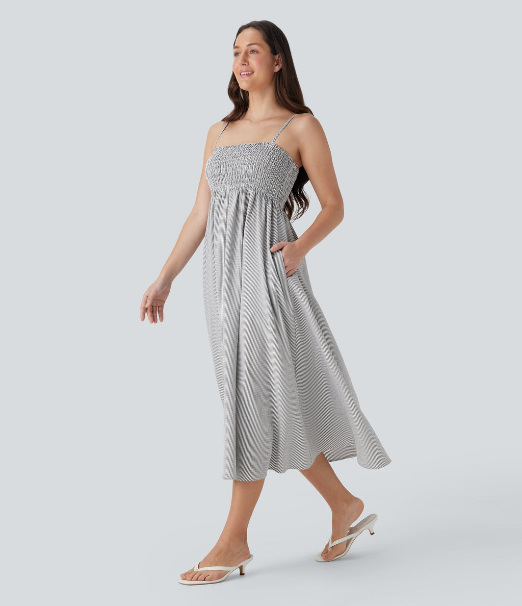 Shirred Stripe Midi Slip Dress with Pockets