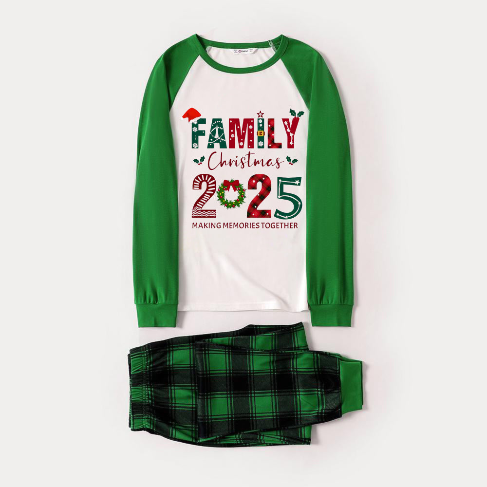 Green Raglan Top Green Plaid Christmas Pajamas Set With "FAMILY Christmas 2025" and Christmas Pattern Print