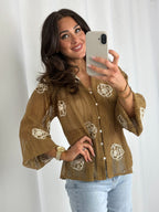 Knitted Flower Detail Pearl Button Shirt (2 Colours)