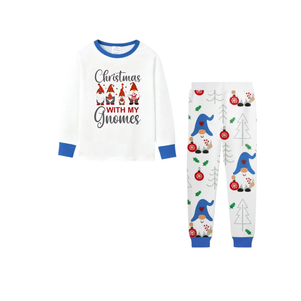 Christmas Family Holiday Blue Pajama Set Showcasing Gnome Print Design