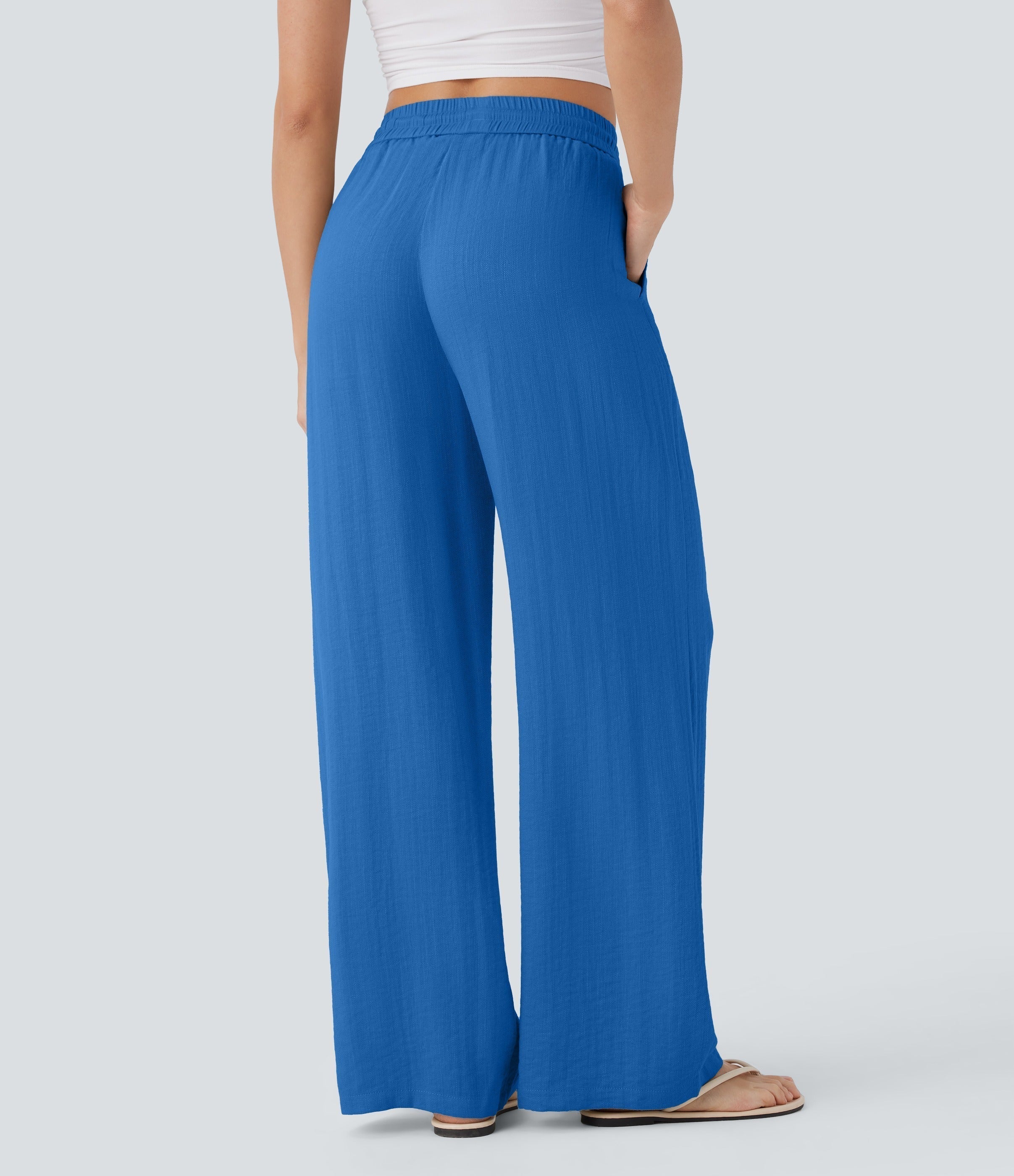 Women Summer High Waisted Drawstring Pocket Wide Leg Casual Linen-Feel Pants