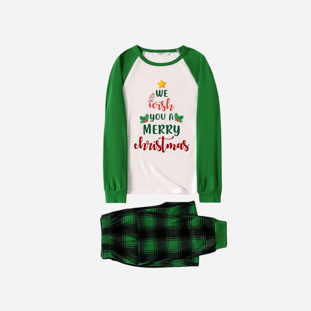 Green Raglan Top Green Plaid Christmas Pajamas Set  With "We Wish You a Merry Christmas" Text Print