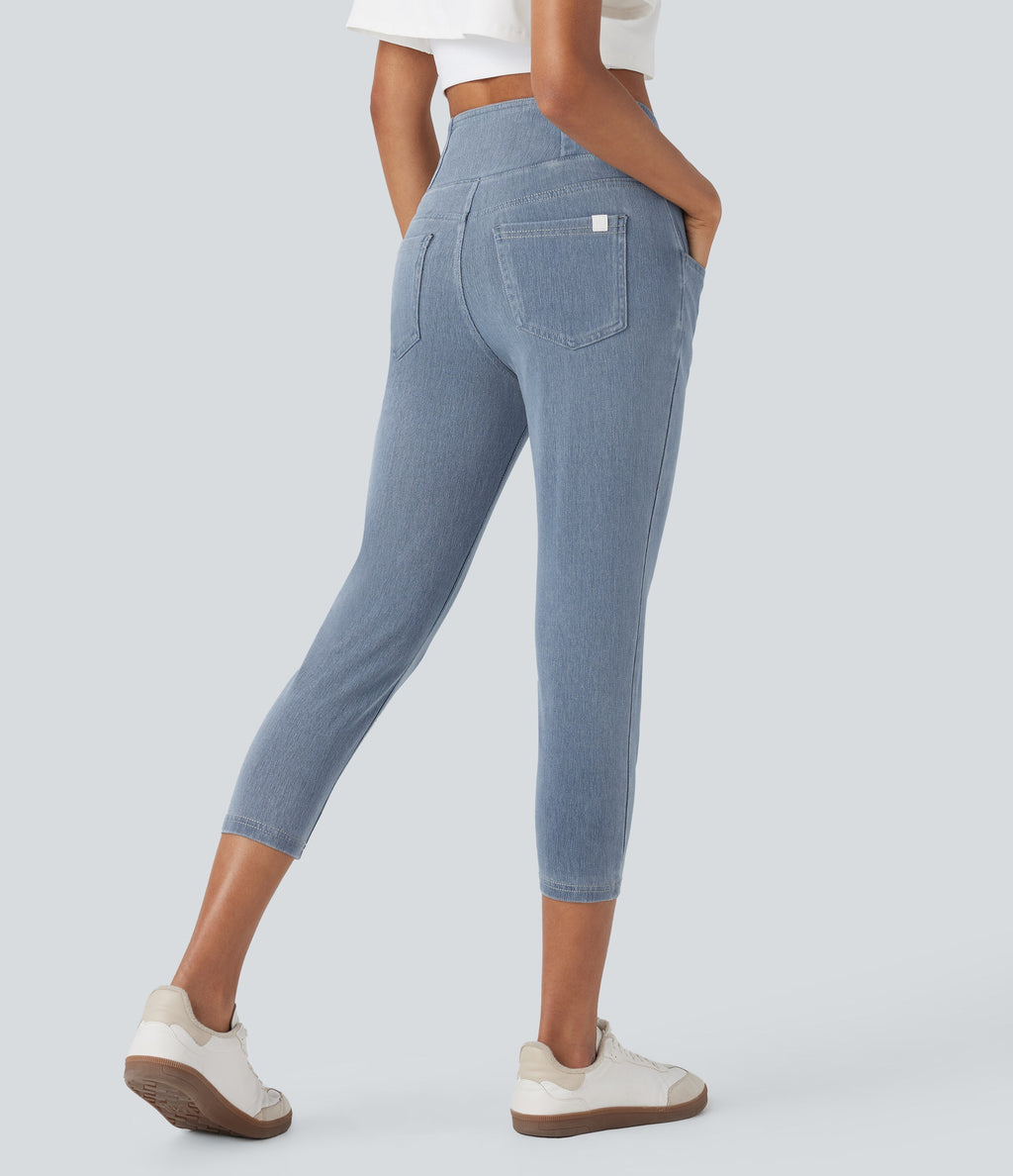 FlexTM Crossover High Waisted Denim Casual Capri Leggings with Pockets