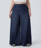 FlexTM High Waisted Pockets Washed Casual Wide Leg Plus Size Jeans