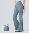 Ribbed Knit Crossover High Waisted Casual Flare Pants with Pocket
