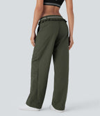 Low Rise Drawstring Ruffle Trim Dance Barrel Leg Pants with Pockets