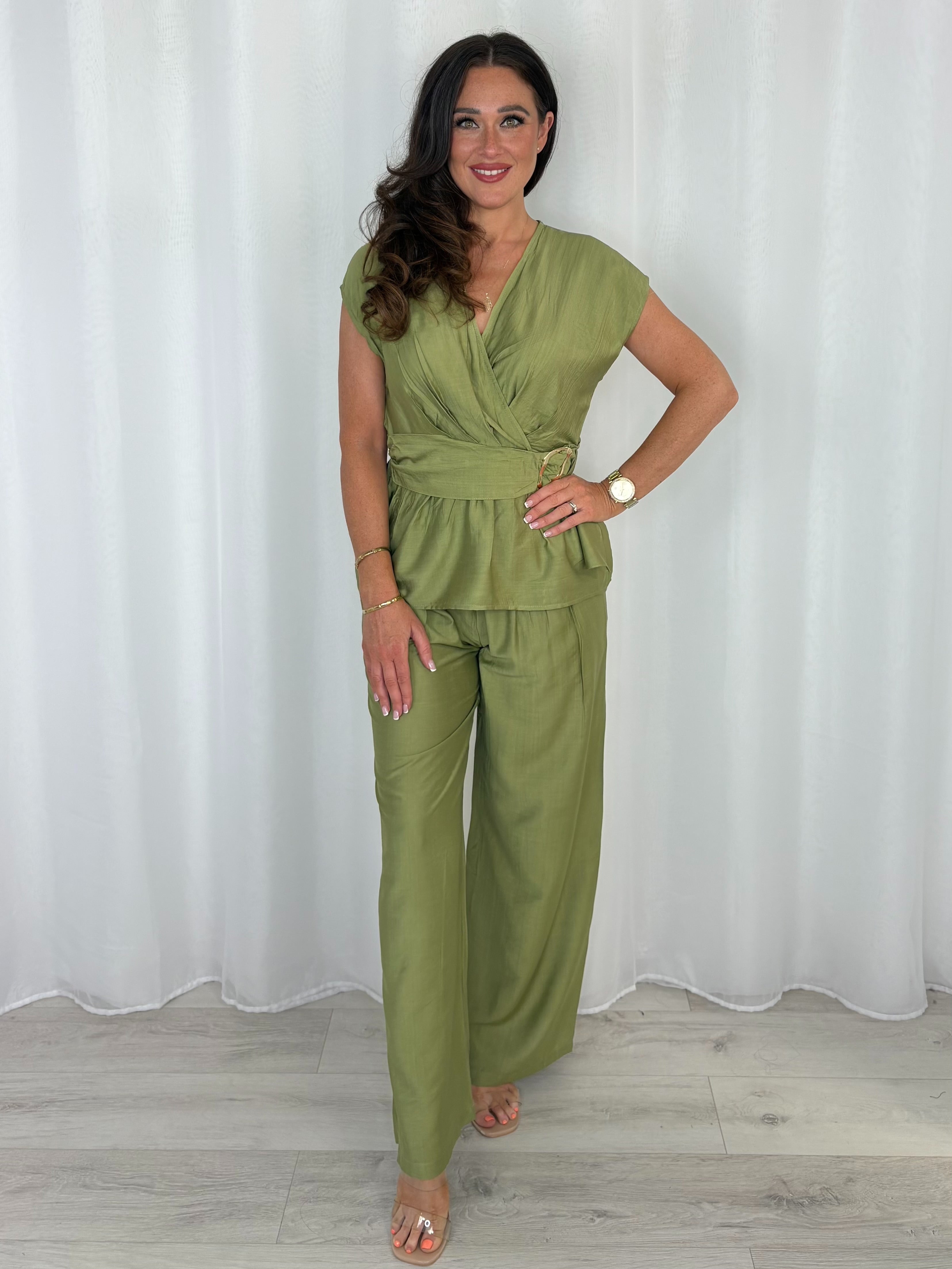 Gold Buckle Cap Sleeve Cross Over Top And Trouser Co-Ord (3 Colours)