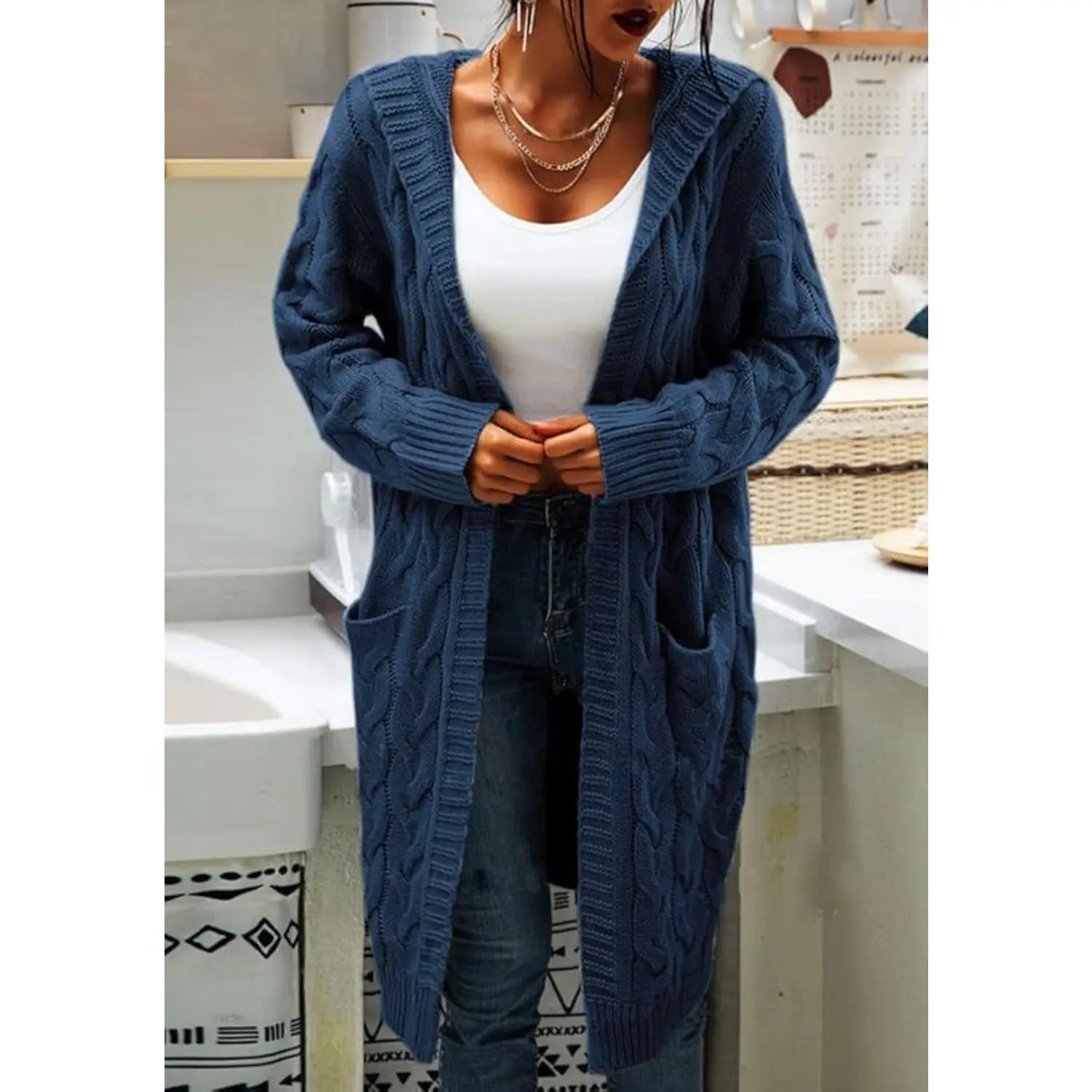 Women's Chunky Cable-Knit Hooded Cardigan Coat - H-Type, Open Front, Baggy Oversized, Acrylic, Long Chunky Knit Sleeves, Stretchy, Knitwear for Work & Casual Wear, All-Season Tops
