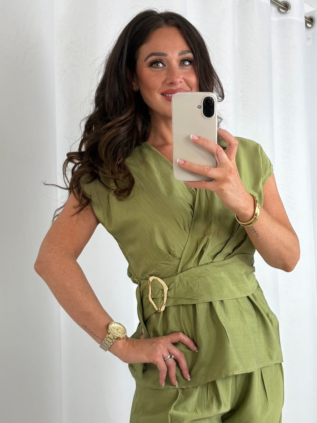 Gold Buckle Cap Sleeve Cross Over Top And Trouser Co-Ord (3 Colours)