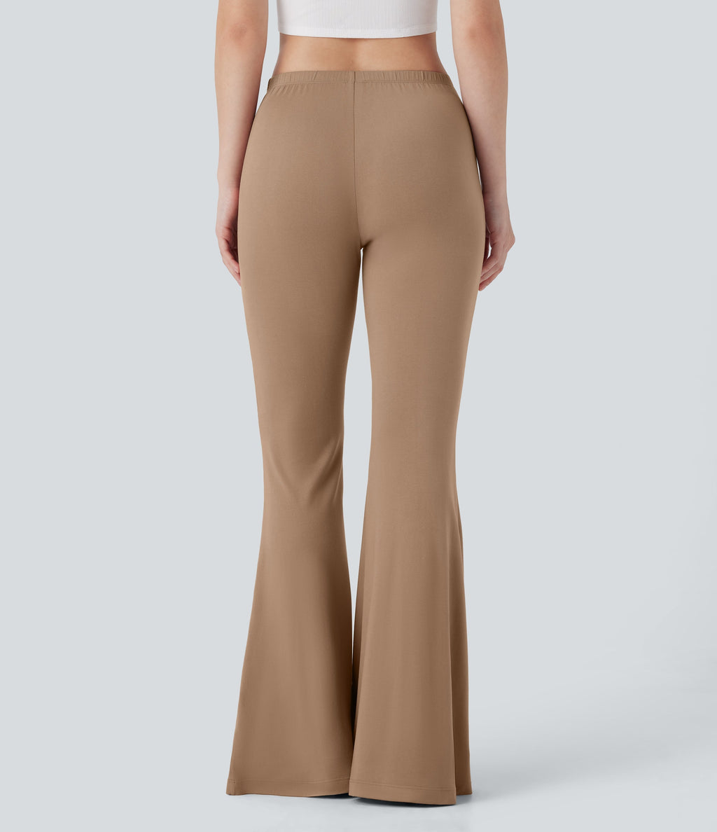 V Shaped Mid Rise Drawstring Flowy Casual Flare Pants