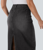 FlexTM Mid Rise Back Midi Washed Denim Casual Straight Skirt with Pockets
