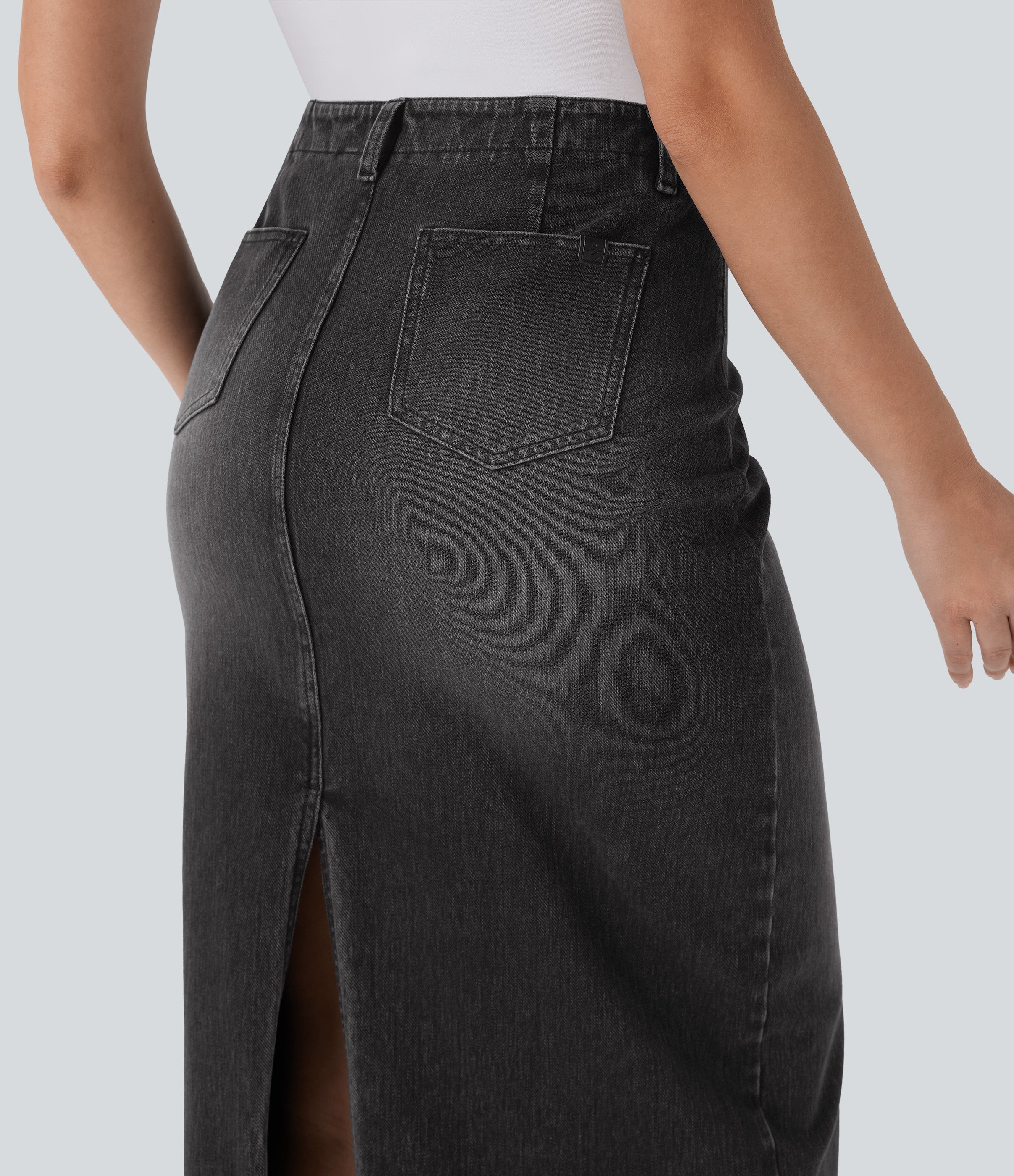 FlexTM Mid Rise Back Midi Washed Denim Casual Straight Skirt with Pockets