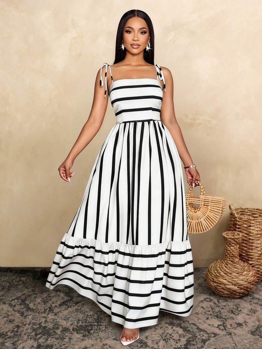 Women's Blue And White Stripe Flowing Maxi Dress,Summer Elegant Holiday Tea Party Holiday,Shoulder Straps Chest Gathering,Beach Casual Gown