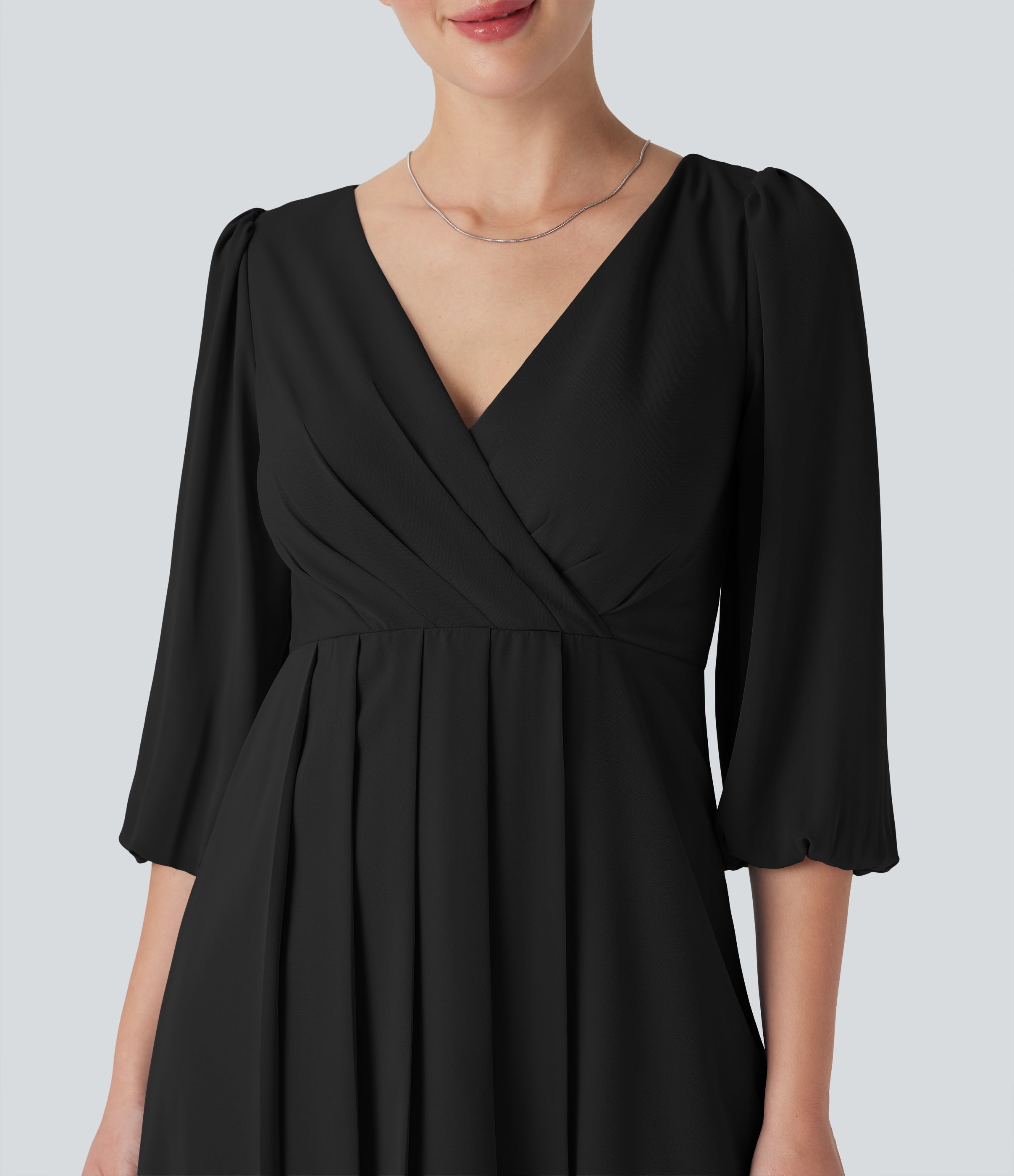 V Neck 3/4 Sleeve Pleated High Low Midi Casual Dress