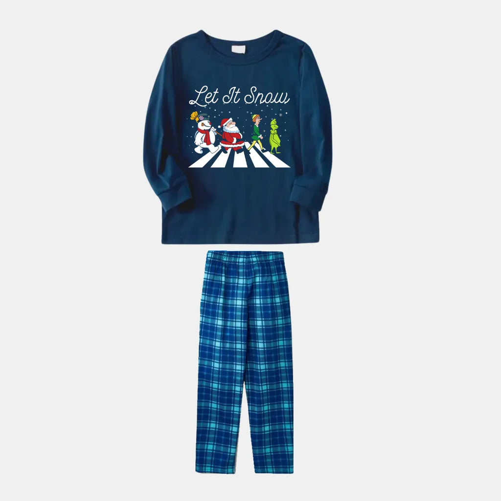 Navy & Sky Blue Plaid Christmas Pajamas Set with Santa Claus and Cartoon Pattern Print