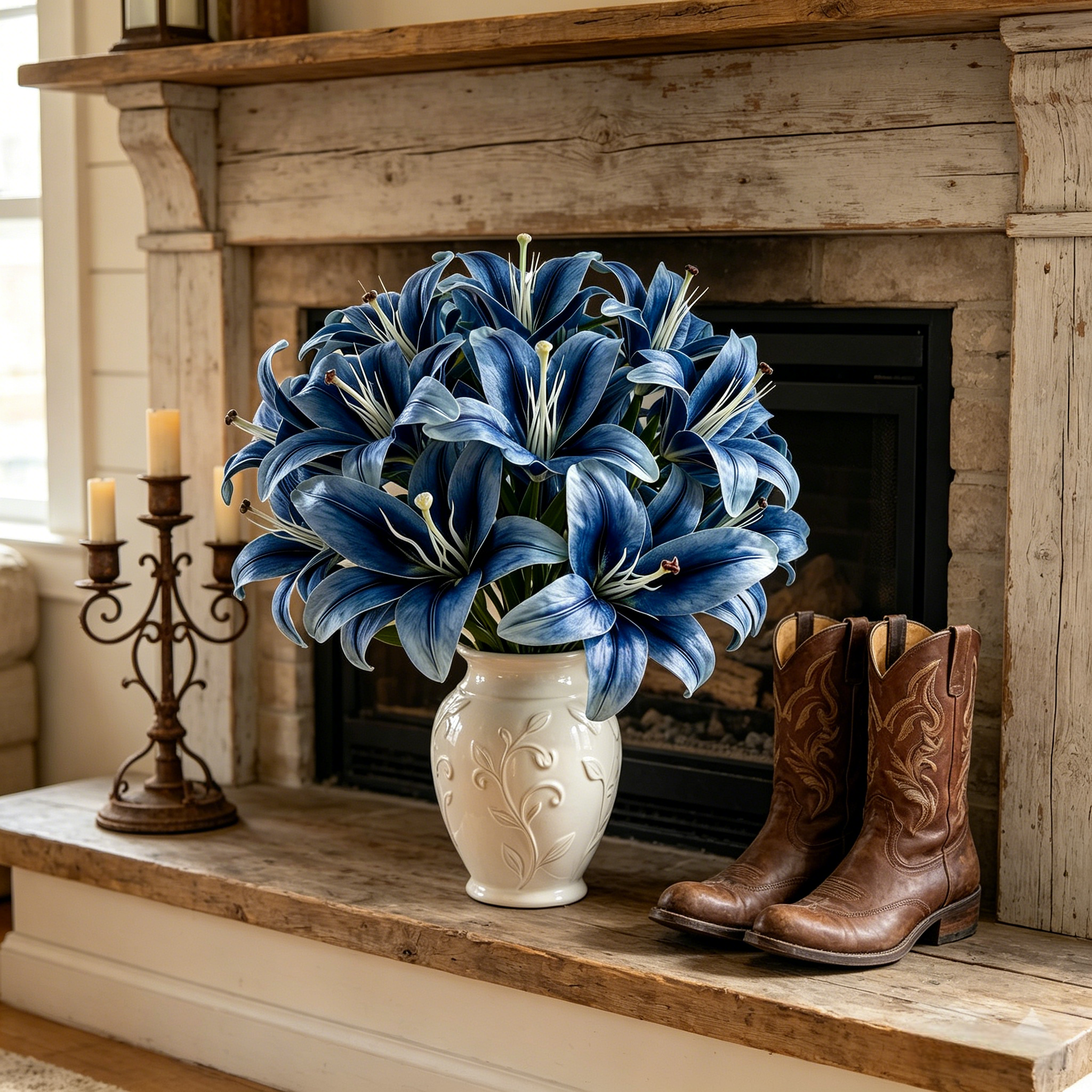Blue Faux Lily Stems, Set of 2 – 6 Bloom Heads Decorative Floral Stems for Home Décor