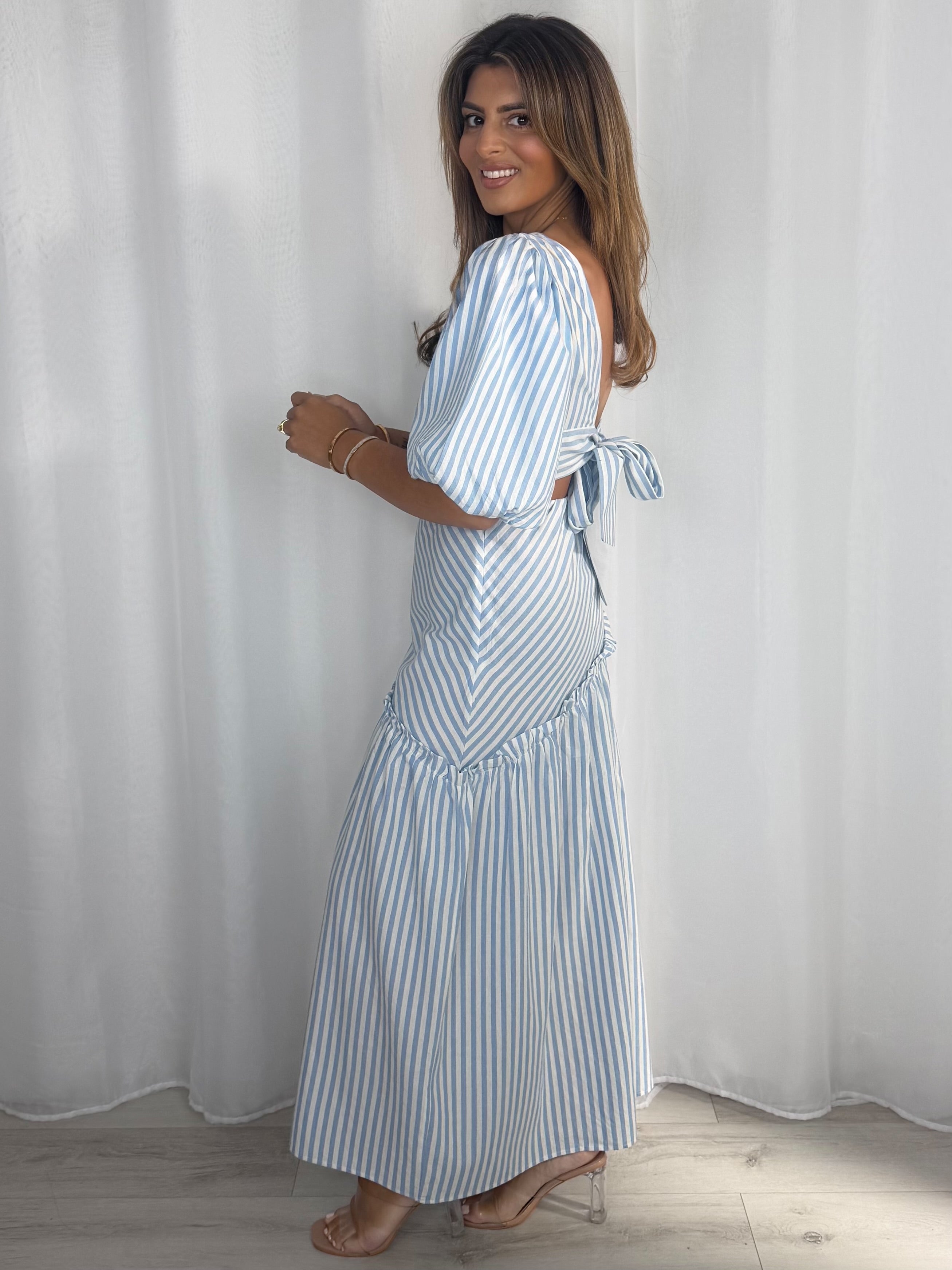 Striped Balloon Sleeve Tie Up Back And Frill Maxi Skirt Co-Ord (2 Colours)
