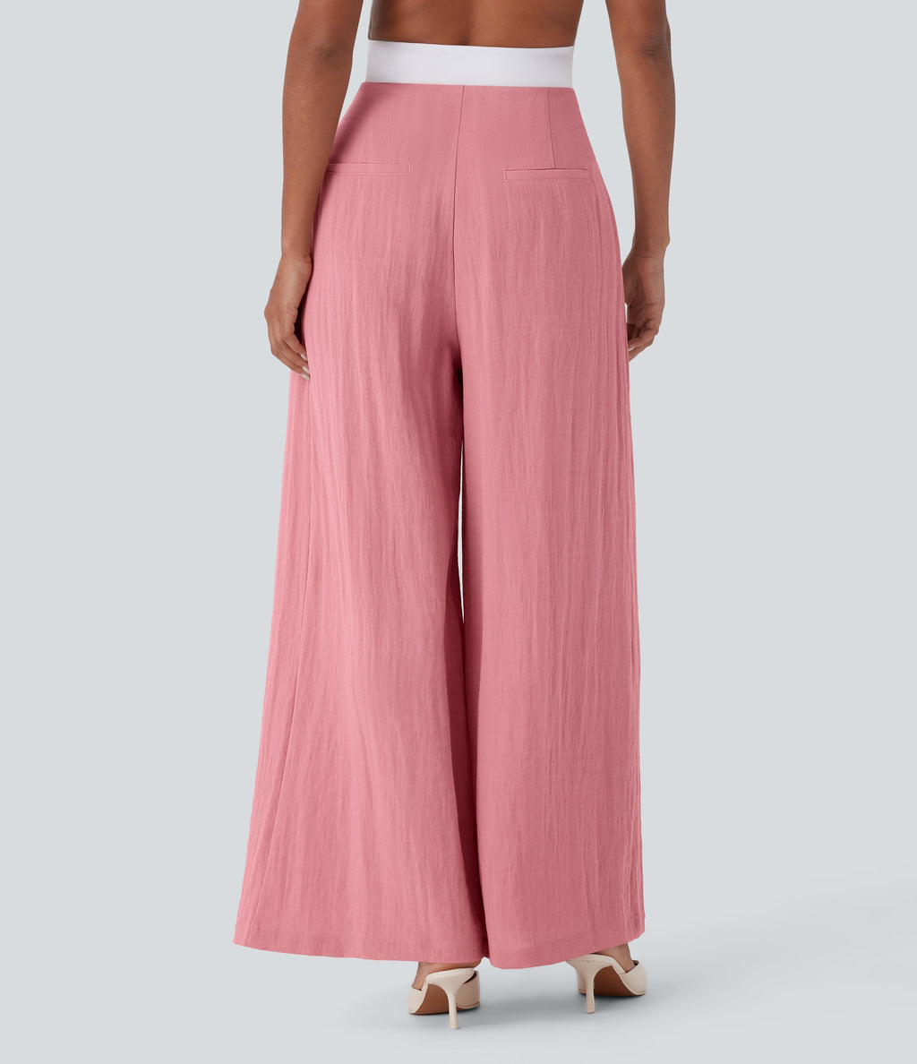 High Waisted Linen-Feel Work Wide Leg Pants with Pockets