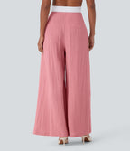 High Waisted Linen-Feel Work Wide Leg Pants with Pockets