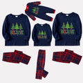 Christmas Family Matching Pajamas-Navy & Red Plaid Pjs Set with Christmas Tree and "Believe" Text Print