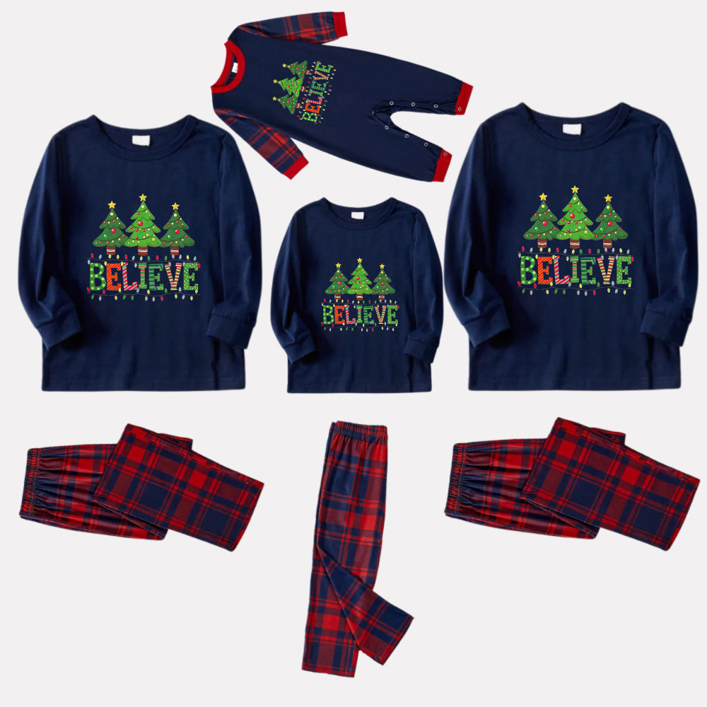 Christmas Family Matching Pajamas-Navy & Red Plaid Pjs Set with Christmas Tree and "Believe" Text Print
