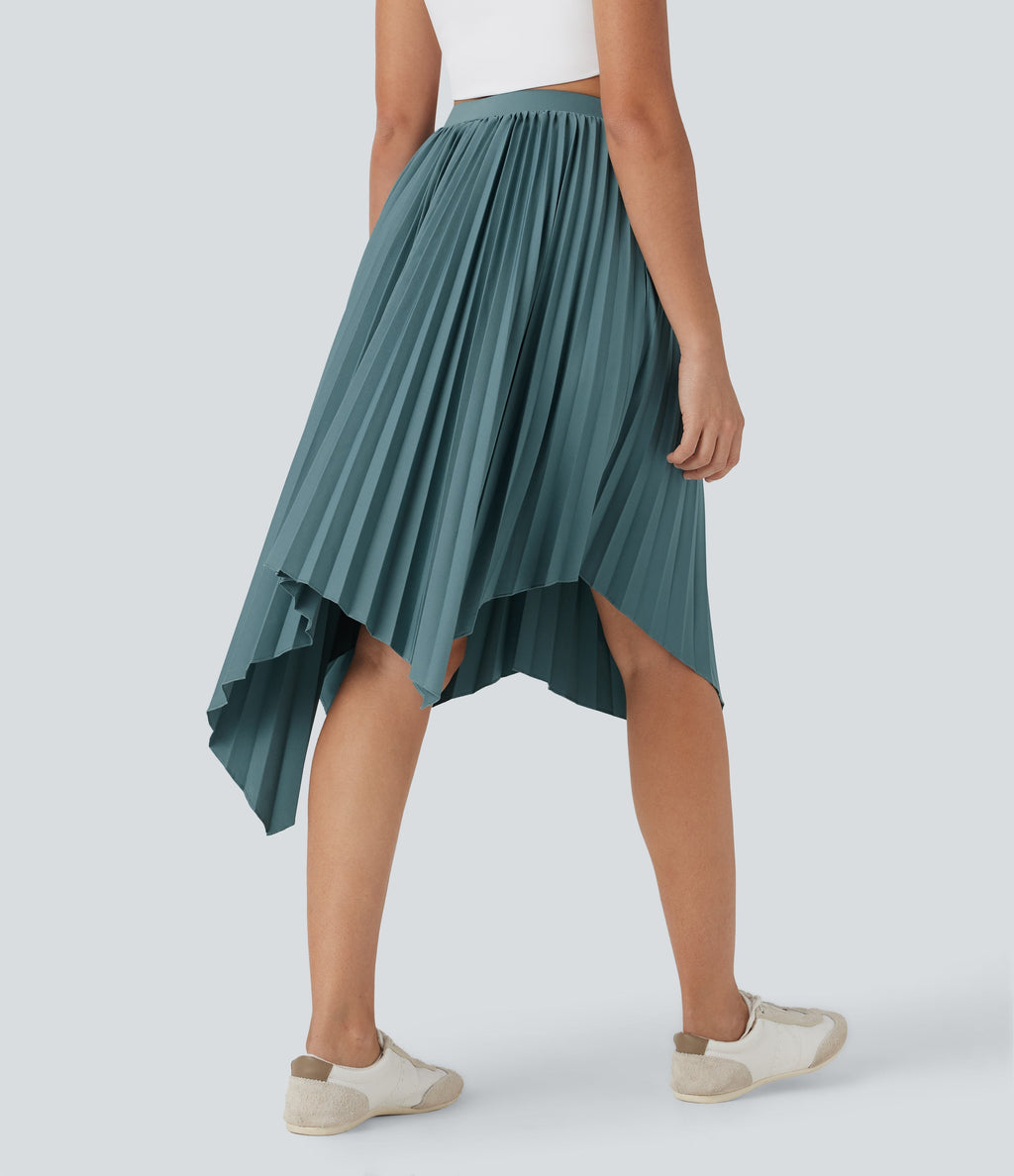 High Waisted Pleated Asymmetrical Hem Casual Skirt with Pockets