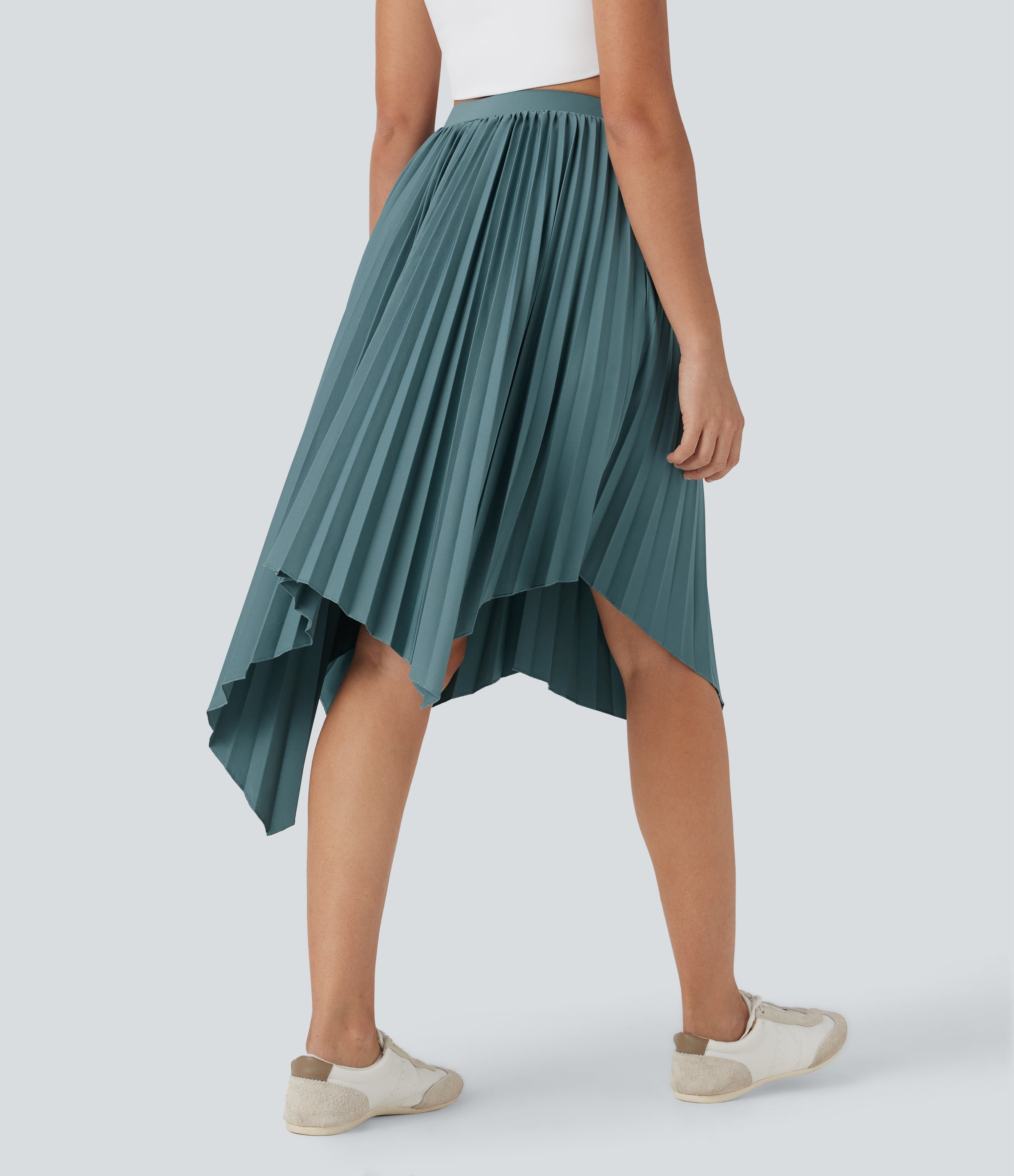 High Waisted Pleated Asymmetrical Hem Casual Skirt with Pockets