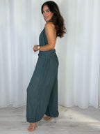 Crinkle Shimmer Halter Neck Drape Detail Backless Jumpsuit (7 Colours)