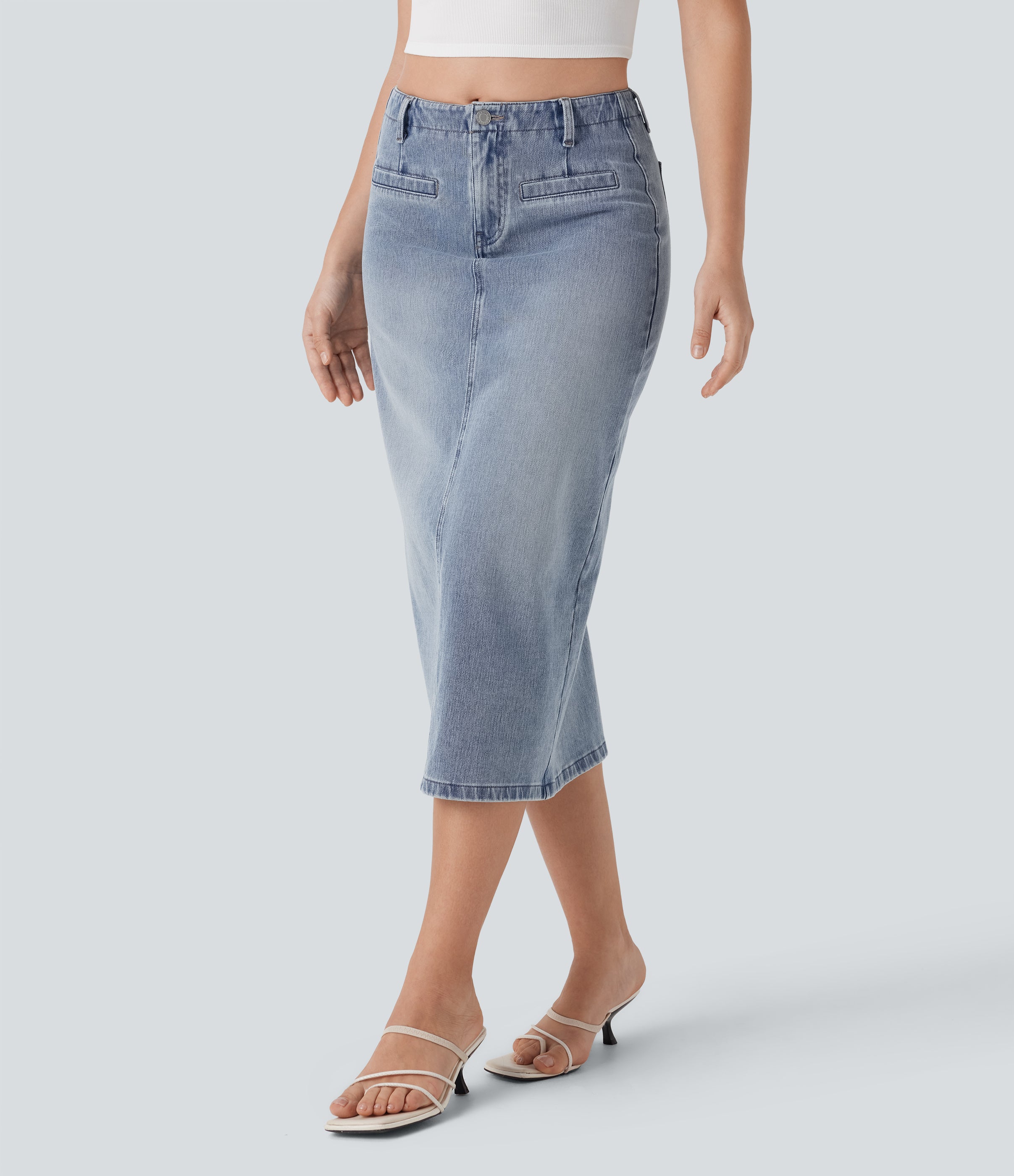 FlexTM Mid Rise Back Midi Washed Denim Casual Straight Skirt with Pockets