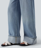 FlexTM Low Rise Rolled Hem Washed Casual Baggy Jeans with Pockets