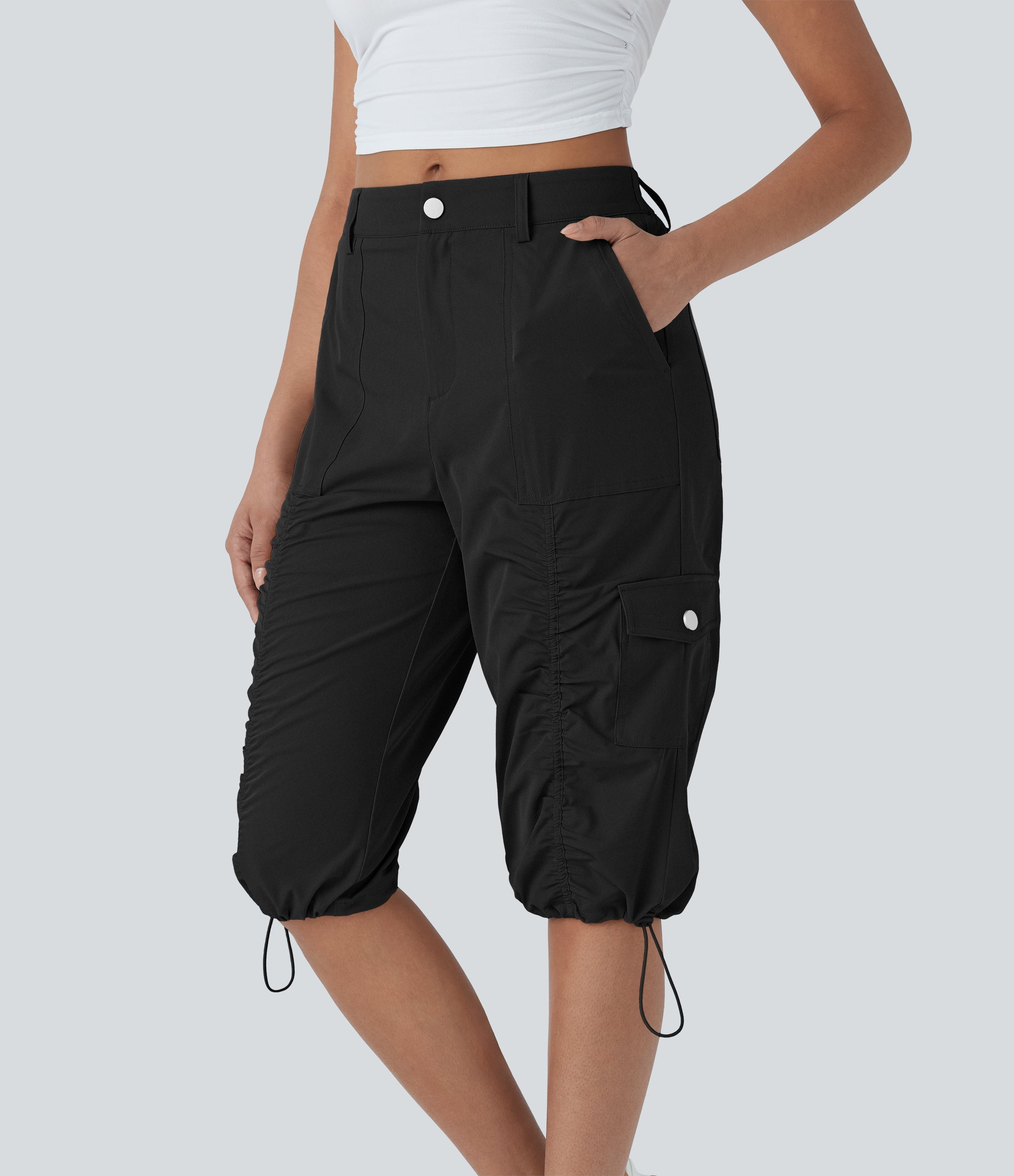 Mid-Rise Ruched Cargo Quick-Dry Casual Pedal Pusher Pants with Pockets