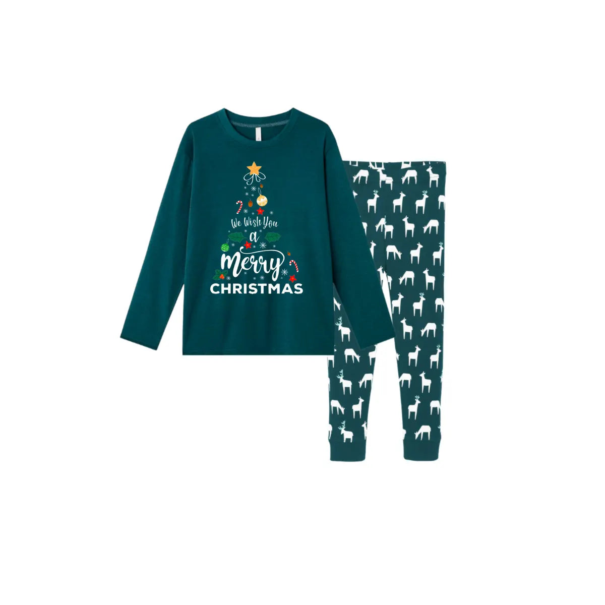 Christmas Family Matching Pajamas-Dark Green&Deer Patterned Pjs Set with "We Wish You A Merry Christmas" and Christmas Tree Print
