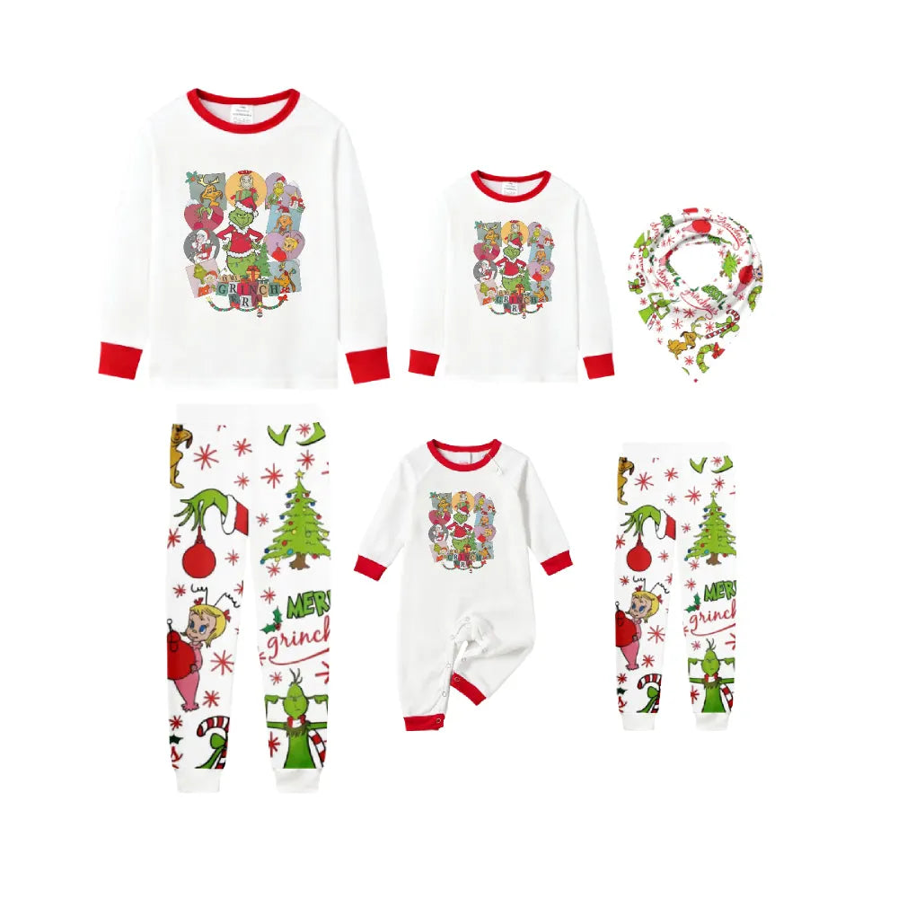 Family Christmas White Pajamas Set With Artistic Christmas Character Print