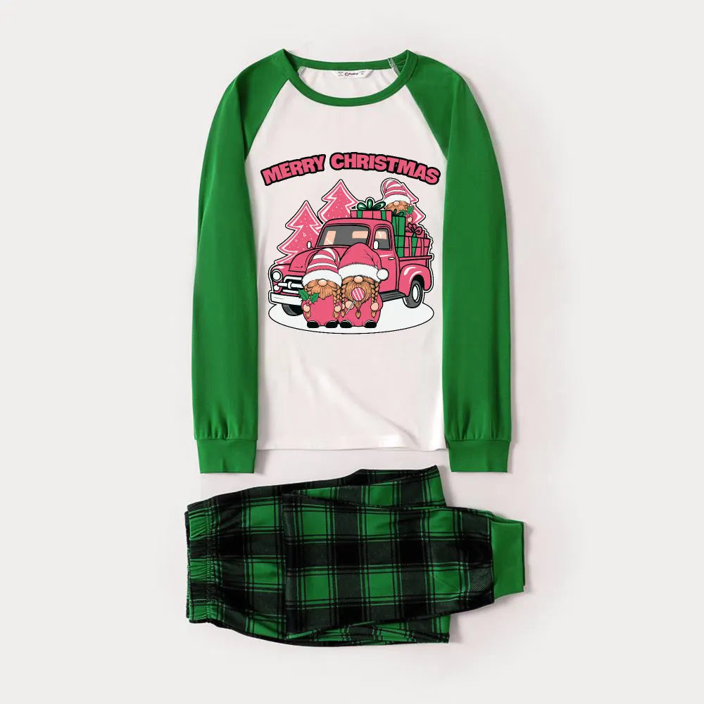 Green Raglan Top Green Plaid Christmas Pajamas Set With Pink Gnomes and "MERRY CHRISTMAS" Print