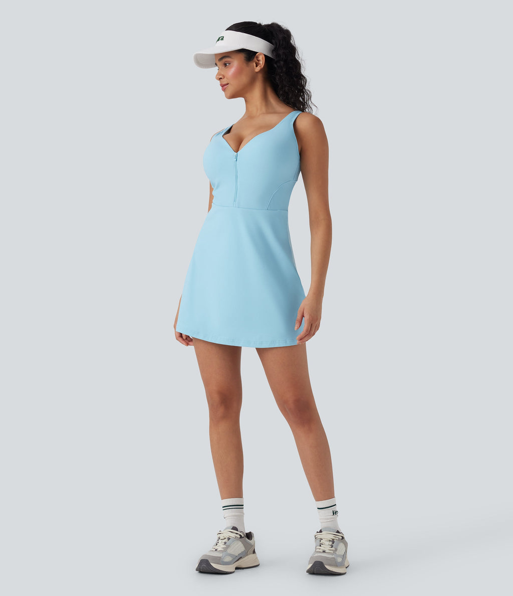 SoftlyZeroTM Plush Push-Up Molded Cups Zipper 2-in-1 Yoga Active Dress with Pockets-Easy Peezy-D/DD/DDD/F