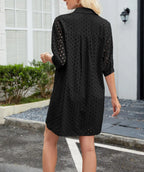 Womens Summer Shirt Dress Eyelet Hollow Out Short Dress with 3/4 Sleeves Button Down Casual Dress Summer Beach Dress