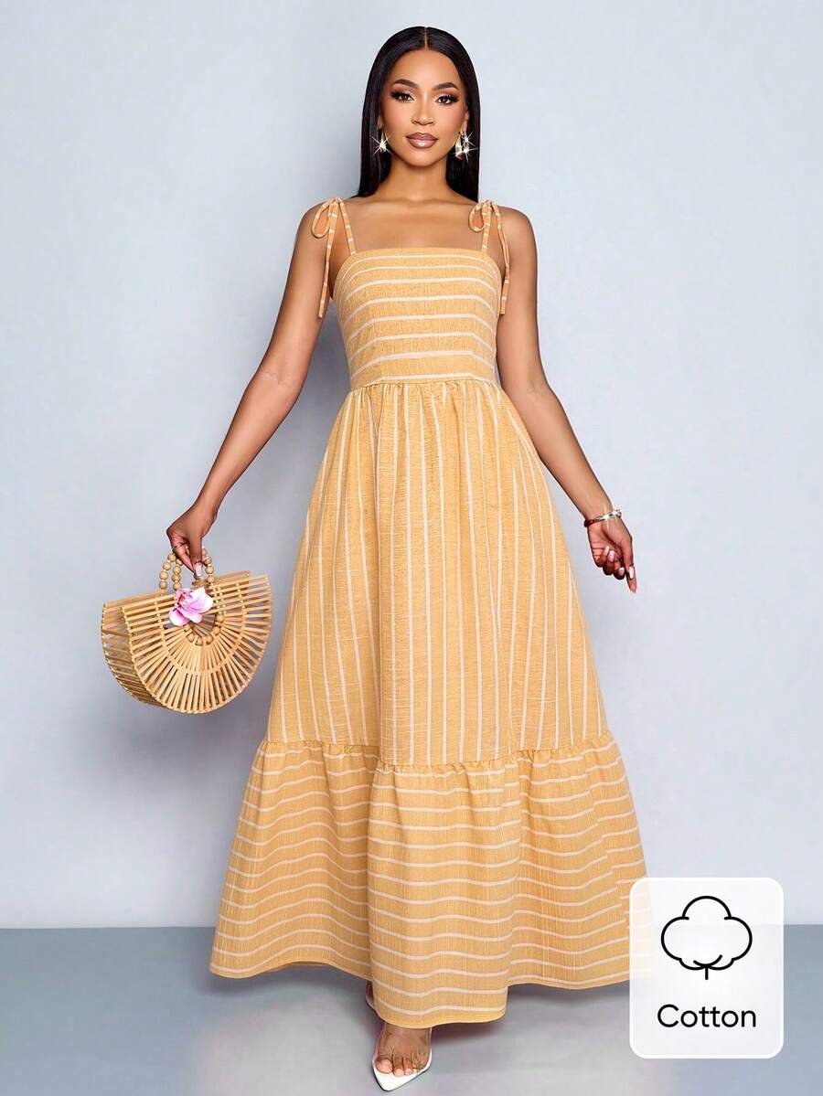 Women's Blue And White Stripe Flowing Maxi Dress,Summer Elegant Holiday Tea Party Holiday,Shoulder Straps Chest Gathering,Beach Casual Gown
