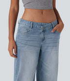 FlexTM Asymmetric Low Rise Zipper Pockets Baggy Wide Leg Washed Casual Jeans