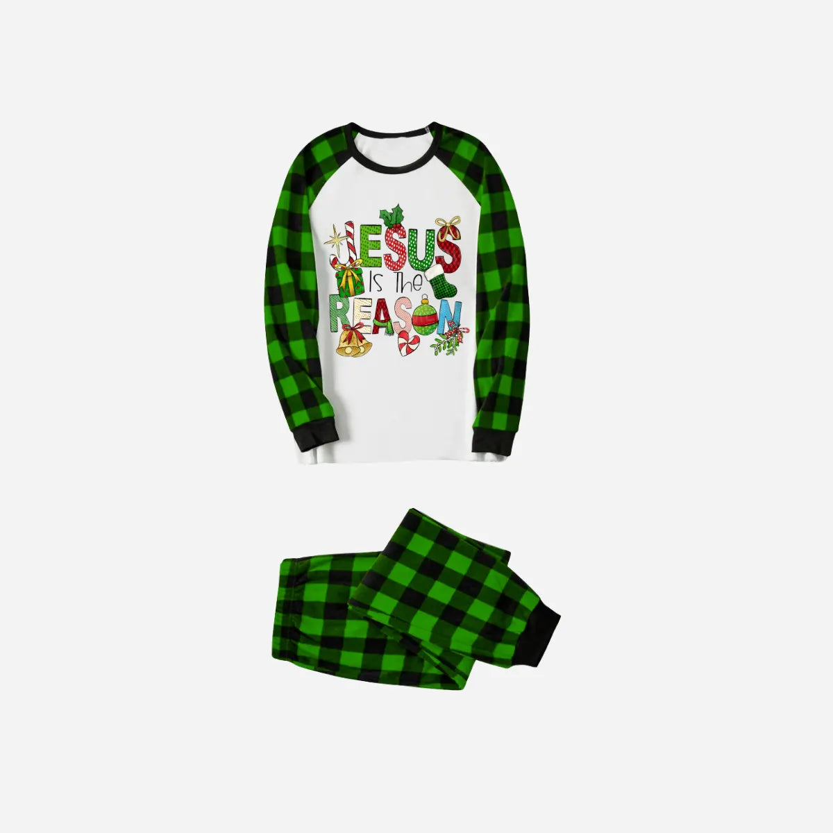 Christmas Cartoon Family Christmas Pajamas Set - White Top with Green Plaid Sleeves and Green Plaid Pants and “Jesus is the Reason” Design